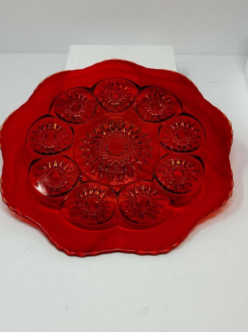 Vintage L.E. Smith Moon & Stars Amberina 10” Serving Footed Plate
